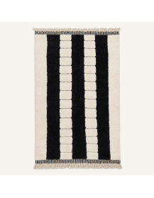 Tapis Beni Ouarain artisanal marocain en laine ivoire crème et noir charbon à rayures verticales