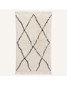 Tapis Beni Ouarain artisanal marocain en laine ivoire et noir charbon à motif de losanges