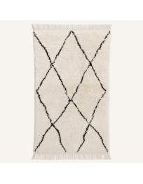 Tapis Beni Ouarain artisanal marocain en laine ivoire et noir charbon à motif de losanges