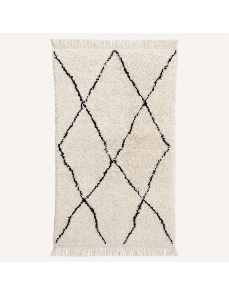 Tapis Beni Ouarain artisanal marocain en laine ivoire et noir charbon à motif de losanges