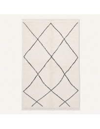 Tapis Beni Ouarain artisanal marocain en laine ivoire à motif de losanges charbon