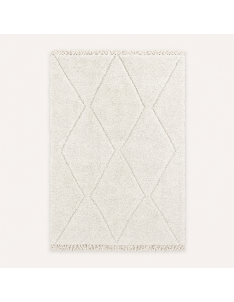 Tapis Beni Ouarain artisanal marocain en laine ivoire crème à grands losanges géométriques