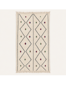 Tapis Beni Ouarain artisanal marocain en laine ivoire blanc cassé et noir à motif géométrique