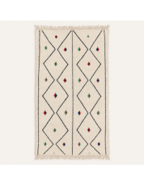 Tapis Beni Ouarain artisanal marocain en laine ivoire blanc cassé et noir à motif géométrique
