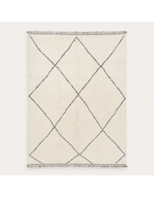 Tapis Beni Ouarain artisanal marocain en laine ivoire crème et noir charbon