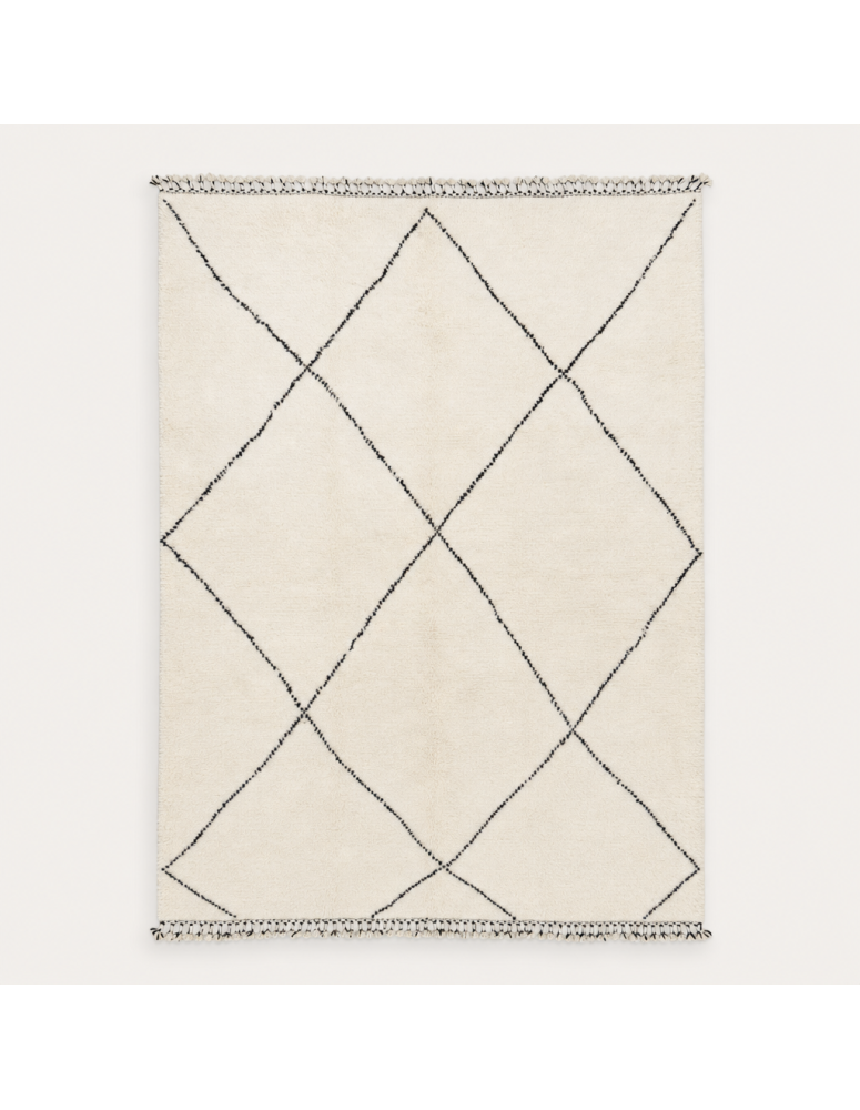 Tapis Beni Ouarain artisanal marocain en laine ivoire crème et noir charbon