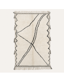 Tapis Beni Ouarain artisanal marocain en laine ivoire et charbon à lignes organiques