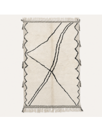 Tapis Beni Ouarain artisanal marocain en laine ivoire et charbon à lignes organiques