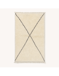Tapis Beni Ouarain artisanal marocain en laine ivoire écru avec motif X noir