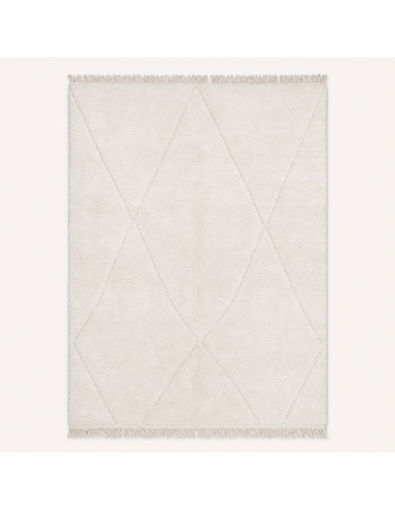 Tapis Beni Ouarain artisanal marocain en laine ivoire à motif géométrique berbère gravé