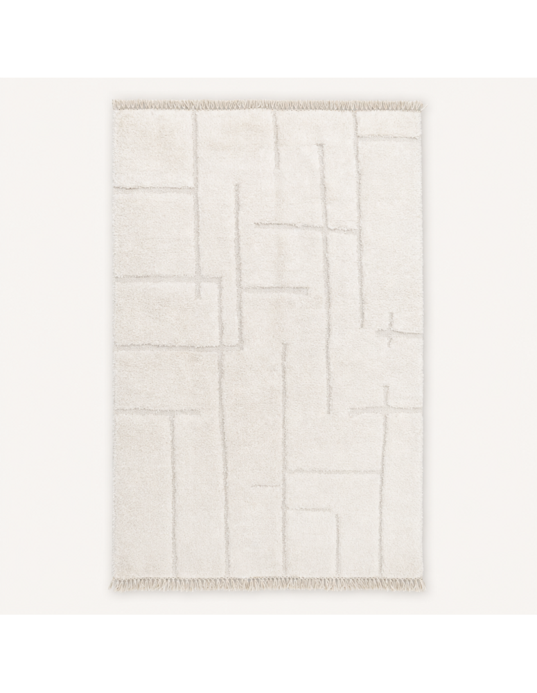 Tapis Beni Ouarain artisanal marocain en laine ivoire à motif géométrique abstrait