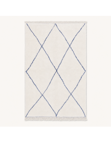 Tapis Beni Ouarain artisanal marocain en laine ivoire et bleu indigo à motif de grands losanges