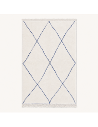 Tapis Beni Ouarain artisanal marocain en laine ivoire et bleu indigo à motif de grands losanges