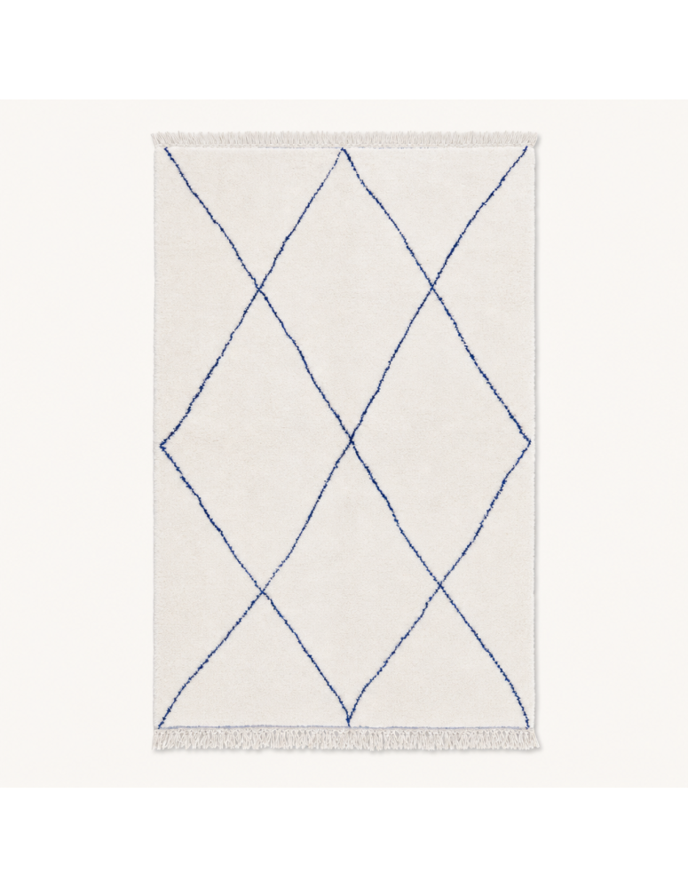 Tapis Beni Ouarain artisanal marocain en laine ivoire et bleu indigo à motif de grands losanges