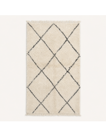 Tapis Beni Ouarain artisanal marocain en laine ivoire écru avec grille de losanges gris anthracite