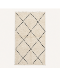 Tapis Beni Ouarain artisanal marocain en laine ivoire écru avec grille de losanges gris anthracite
