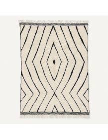 Tapis Beni Ouarain artisanal marocain en laine ivoire écru et noir charbon, motif géométrique à chevrons et losanges