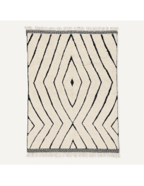 Tapis Beni Ouarain artisanal marocain en laine ivoire écru et noir charbon, motif géométrique à chevrons et losanges