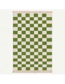 Tapis Beni Ouarain artisanal marocain en laine ivoire crème et vert mousse à motif damier