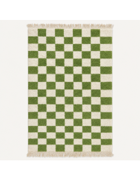 Tapis Beni Ouarain artisanal marocain en laine ivoire crème et vert mousse à motif damier