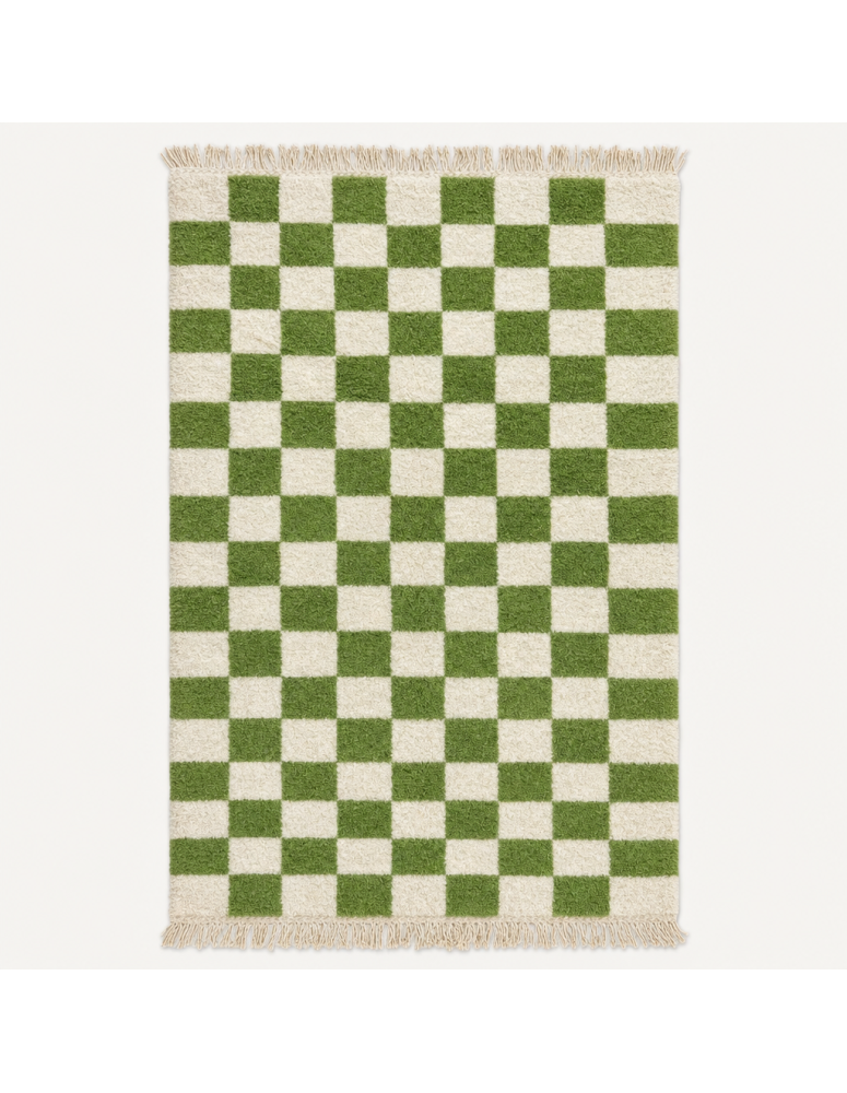 Tapis Beni Ouarain artisanal marocain en laine ivoire crème et vert mousse à motif damier