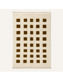 Tapis Beni Ouarain artisanal marocain rectangulaire en laine ivoire avec grille de motifs bruns