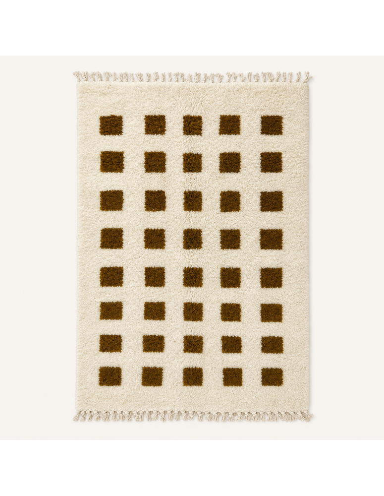 Tapis Beni Ouarain artisanal marocain rectangulaire en laine ivoire avec grille de motifs bruns