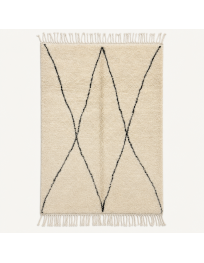 Tapis Beni Ouarain artisanal marocain en laine ivoire écru et noir charbon à motif géométrique berbère