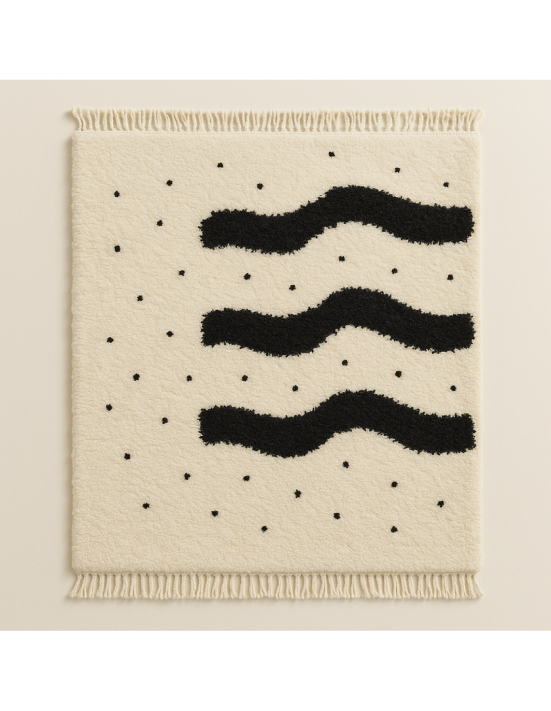 Tapis Beni Ouarain écru avec trois bandes noires centrales et franges torsadées sur les deux petits côtés