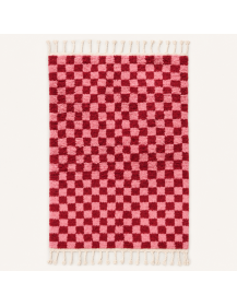 Tapis Beni Ouarain artisanal marocain en laine rouge bordeaux et rose poudré à motif damier