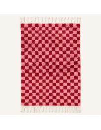 Tapis Beni Ouarain artisanal marocain en laine rouge bordeaux et rose poudré à motif damier
