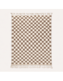 Tapis Beni Ouarain artisanal marocain en laine ivoire chaud et taupe brun, motif damier géométrique