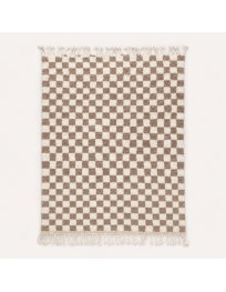 Tapis Beni Ouarain artisanal marocain en laine ivoire chaud et taupe brun, motif damier géométrique