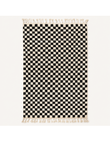 Tapis Beni Ouarain artisanal marocain en laine ivoire chaud et noir à motif damier