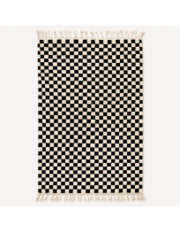 Tapis Beni Ouarain artisanal marocain en laine ivoire chaud et noir à motif damier