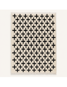 Tapis Beni Ouarain artisanal marocain en laine ivoire écru à motif géométrique noir