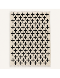 Tapis Beni Ouarain artisanal marocain en laine ivoire écru à motif géométrique noir