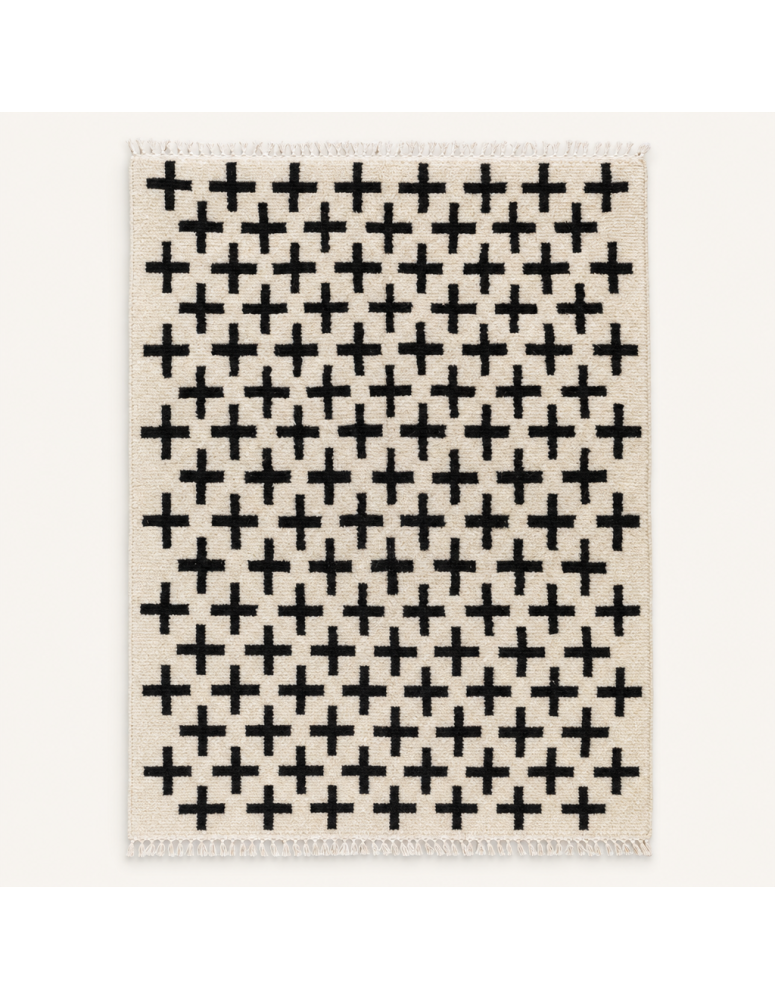 Tapis Beni Ouarain artisanal marocain en laine ivoire écru à motif géométrique noir
