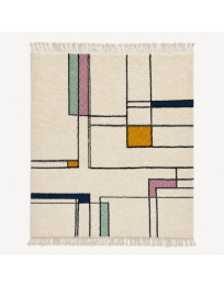 Tapis Beni Ouarain artisanal marocain en laine ivoire crème et noir à motif géométrique asymétrique