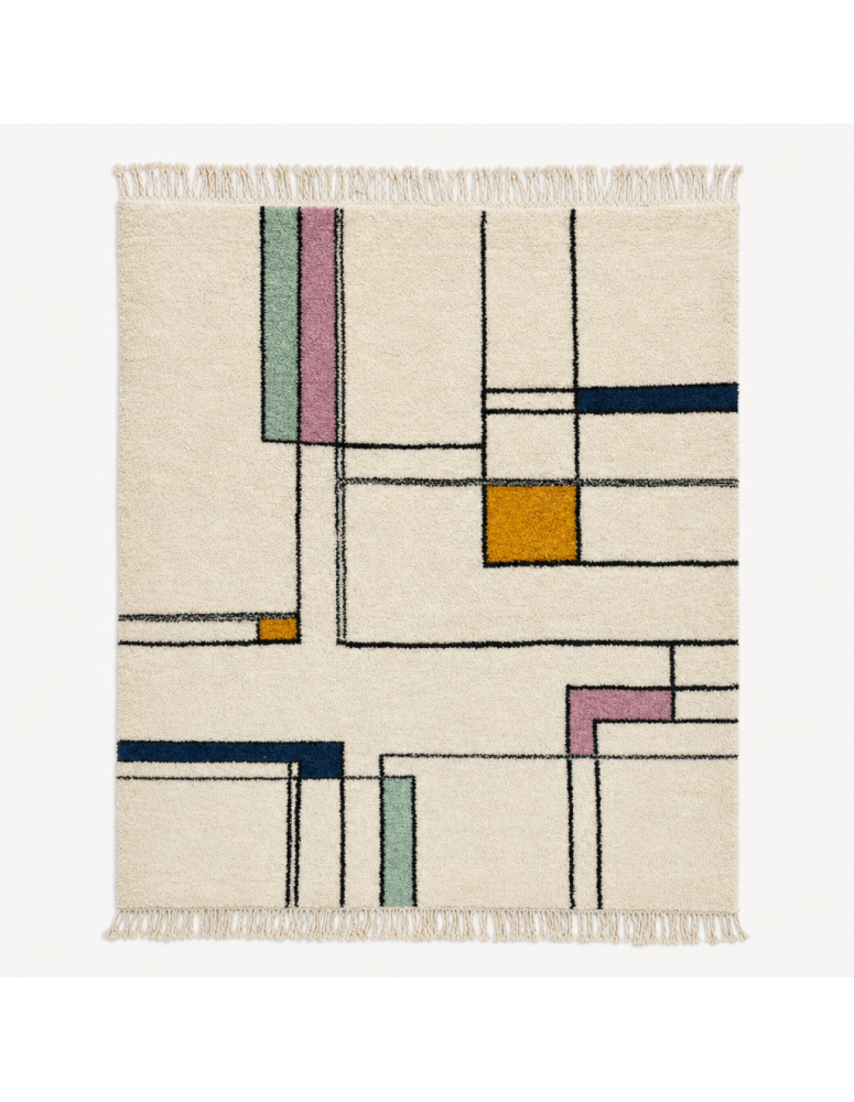 Tapis Beni Ouarain artisanal marocain en laine ivoire crème et noir à motif géométrique asymétrique
