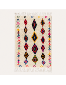Tapis Beni Ouarain artisanal marocain en laine ivoire à motifs berbères multicolores
