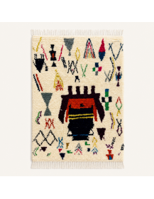 Tapis Beni Ouarain artisanal marocain en laine ivoire écru à motifs abstraits multicolores