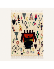Tapis Beni Ouarain artisanal marocain en laine ivoire écru à motifs abstraits multicolores