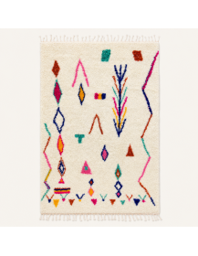 Tapis Beni Ouarain artisanal marocain en laine ivoire à motifs abstraits multicolores