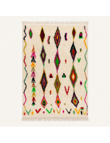 Tapis Beni Ouarain artisanal marocain en laine ivoire et motifs géométriques multicolores
