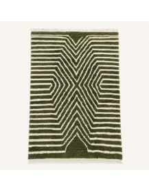 Tapis Beni Ouarain artisanal marocain en laine vert olive et ivoire à motif géométrique sculpté