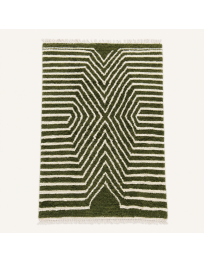 Tapis Beni Ouarain artisanal marocain en laine vert olive et ivoire à motif géométrique sculpté