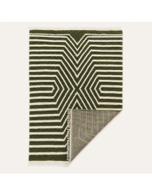Tapis artisanal marocain Beni Ouarain vert olive et ivoire, vue du produit