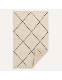 Tapis Beni Ouarain ivoire écru et gris anthracite présenté de dos