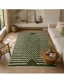 Tapis Beni Ouarain vert olive et ivoire dans un intérieur contemporain chaleureux